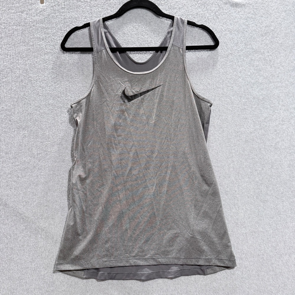 Nike Dri-FIT Womens Racerback Training Tank Top Gray Mesh Large Logo Activewear